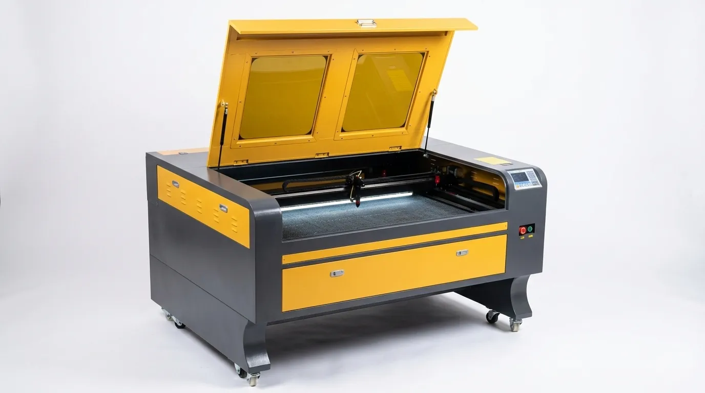 Industrial Scale & Power: Our 120W CO₂ Laser provides a massive 1300x1000mm working area, making it the ideal choice for large-format signage, furniture components, and high-speed cutting of materials like 20mm acrylic and thick plywood. Industrial <b>120W CO2</b> laser cutting machine with a <b>1300x1000mm working area</b> at TechArt Concept Montreal, capable of high-speed precision cutting for large-scale wood and acrylic projects.